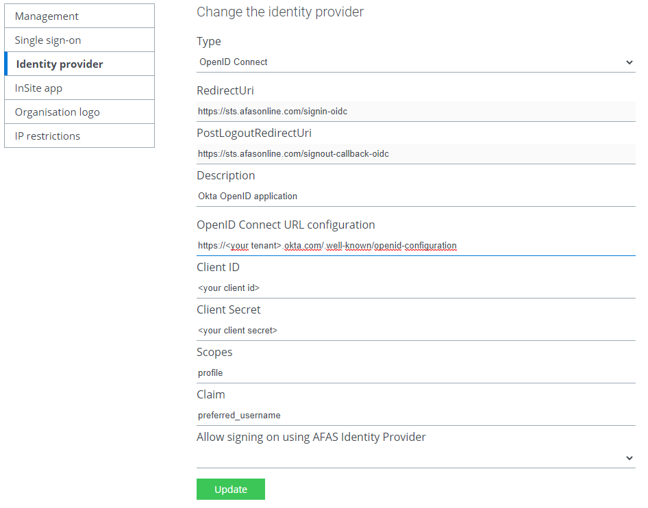 IdP Settings in AFAS